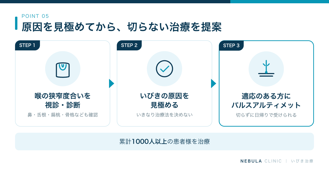 ネビュラクリニックのいびき治療（いびきの原因になっている部位を視診・診断で確認し、適応のある方に切らずに日帰りで受けられるいびきレーザー治療パルスアルティメットを提案、累計1000人以上の治療実績）の図解